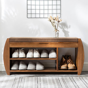 40.2" Rustic Bamboo Upholstered Entryway Flip Top Storage Shoe Rack Bench with 3 Shelves